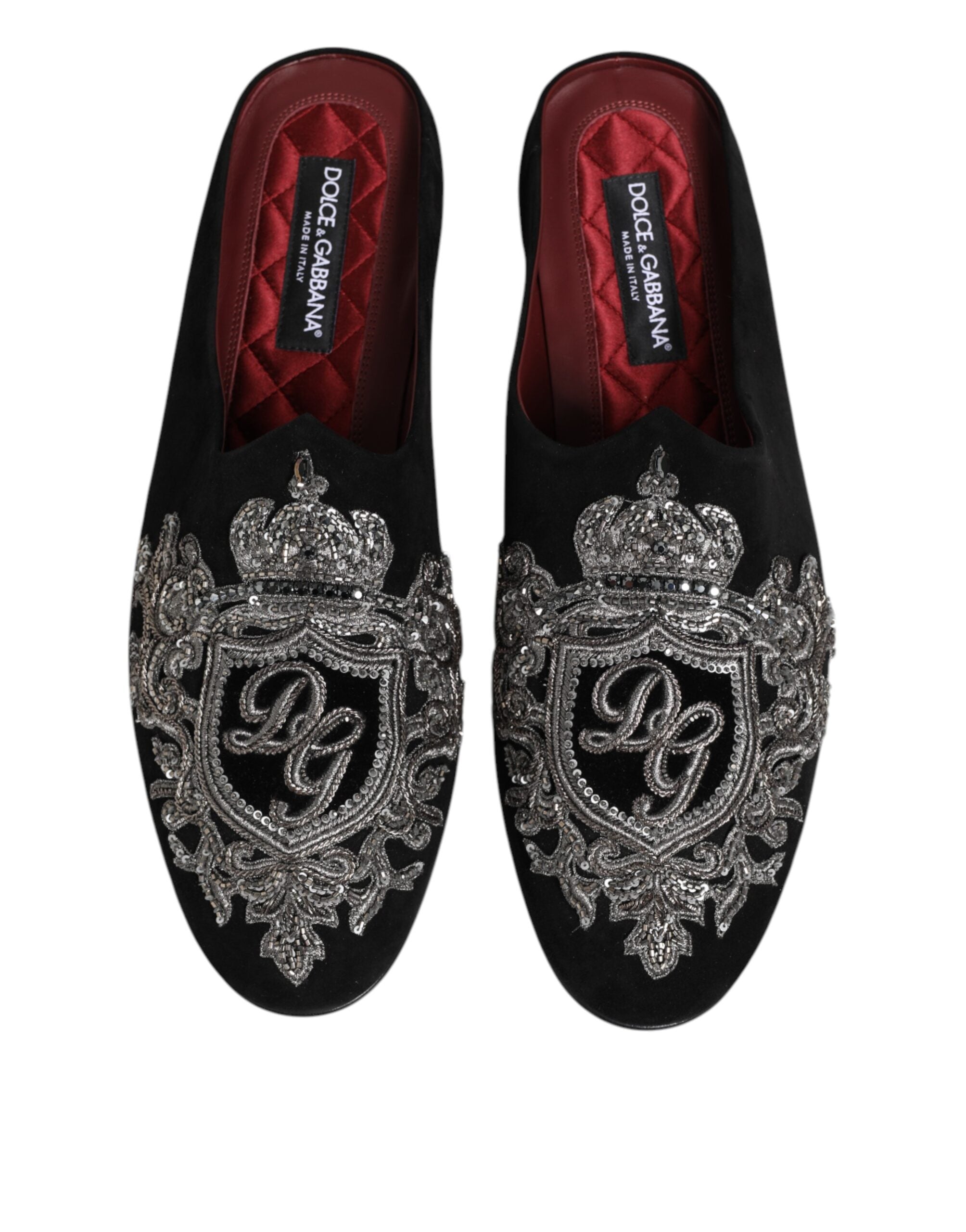 Dolce & Gabbana Black Velvet Slides DG Crown Slipper Shoes